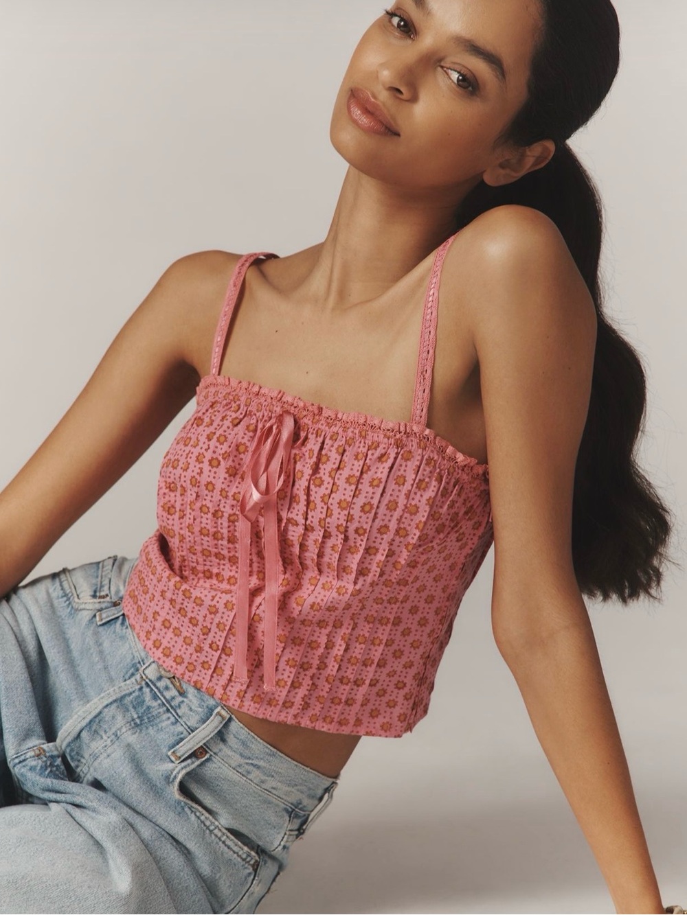 Pink Floral Smocked Cami with Front Tie